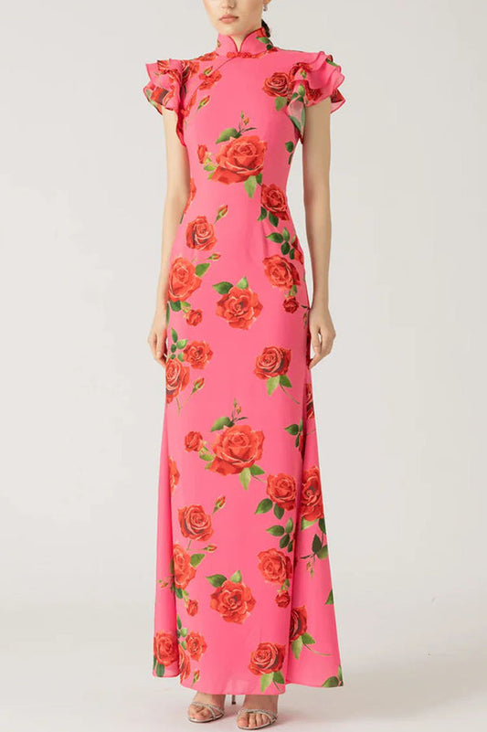 Elena - Vestido Largo con Mangas Acampanadas y Estampado Floral de Rosas