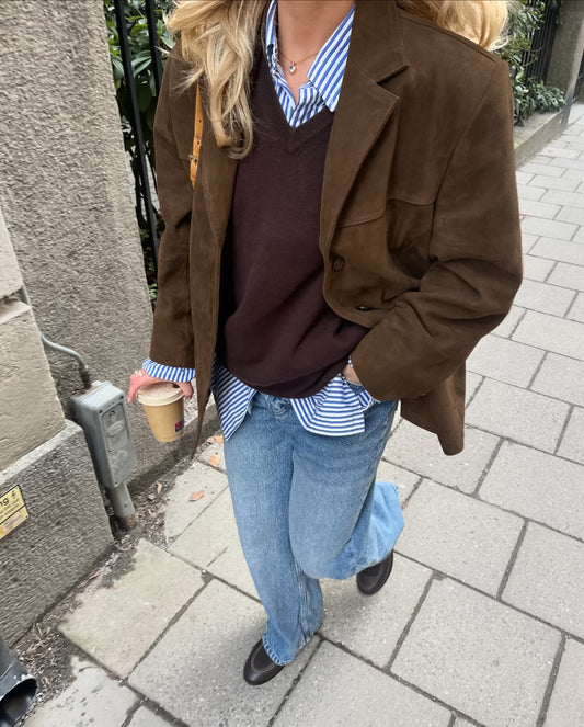 Chaqueta holgada de ante con solapas retro de terciopelo - Loise