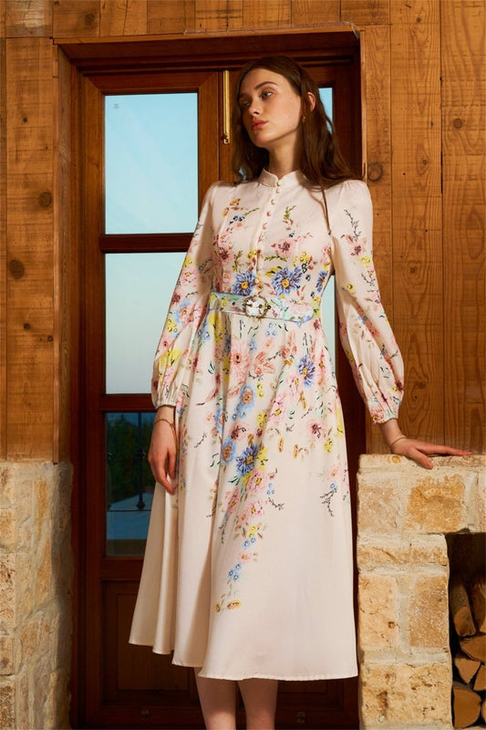Gio - Vestido midi con cinturón y estampado floral