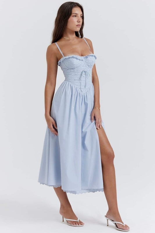 Helen - Vestido Midi con Corsé de Encaje Bordado