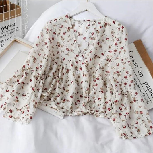 Blusa para mujer de chifón floral con volantes corte fluido - Isadora
