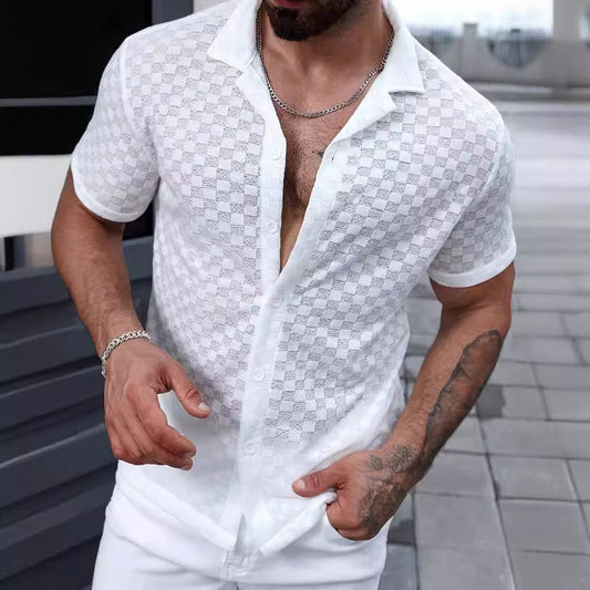 Camisa hombre manga corta semitransparente con patrón cuadros - Giulio
