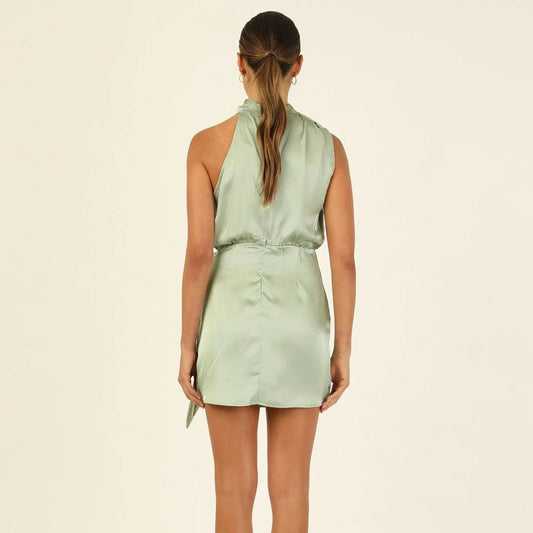 Vestido mujer satén escote drapeado corto elegante - Moraima