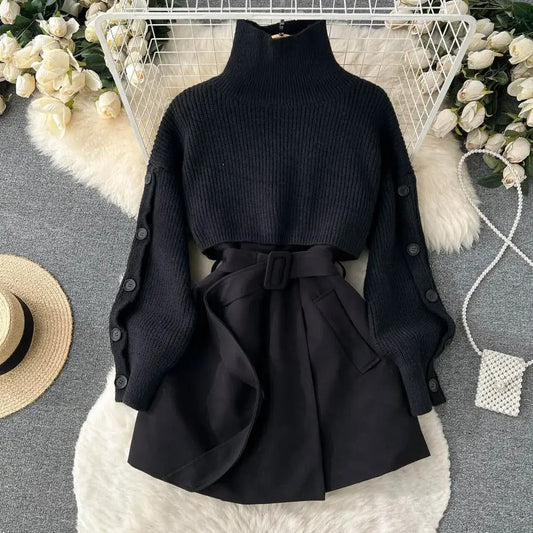 Traje de dos piezas con falda corta de punto y chaleco, elegante y versátil perfecto para un look contemporáneo y femenino