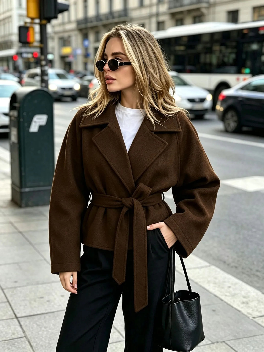 Chaqueta corta de paño con cinturón y solapas - Calina