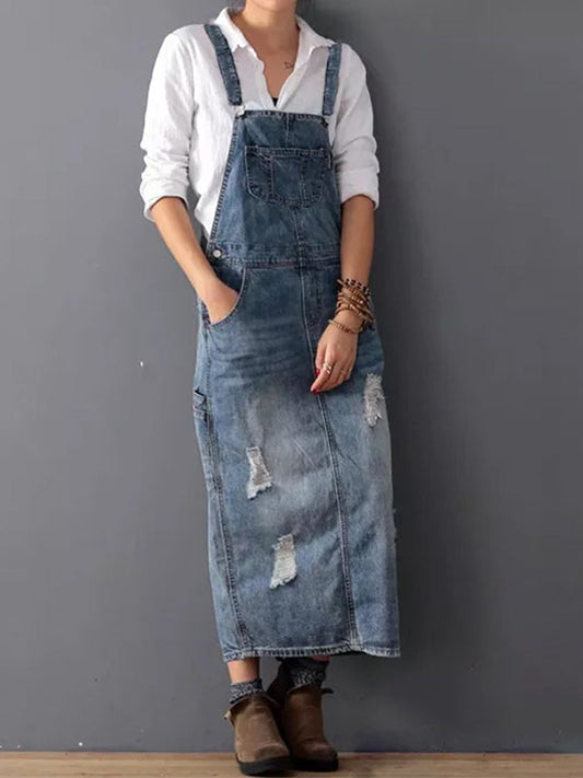 Vestido con peto en denim desgastado con abertura en la espalda - Lara