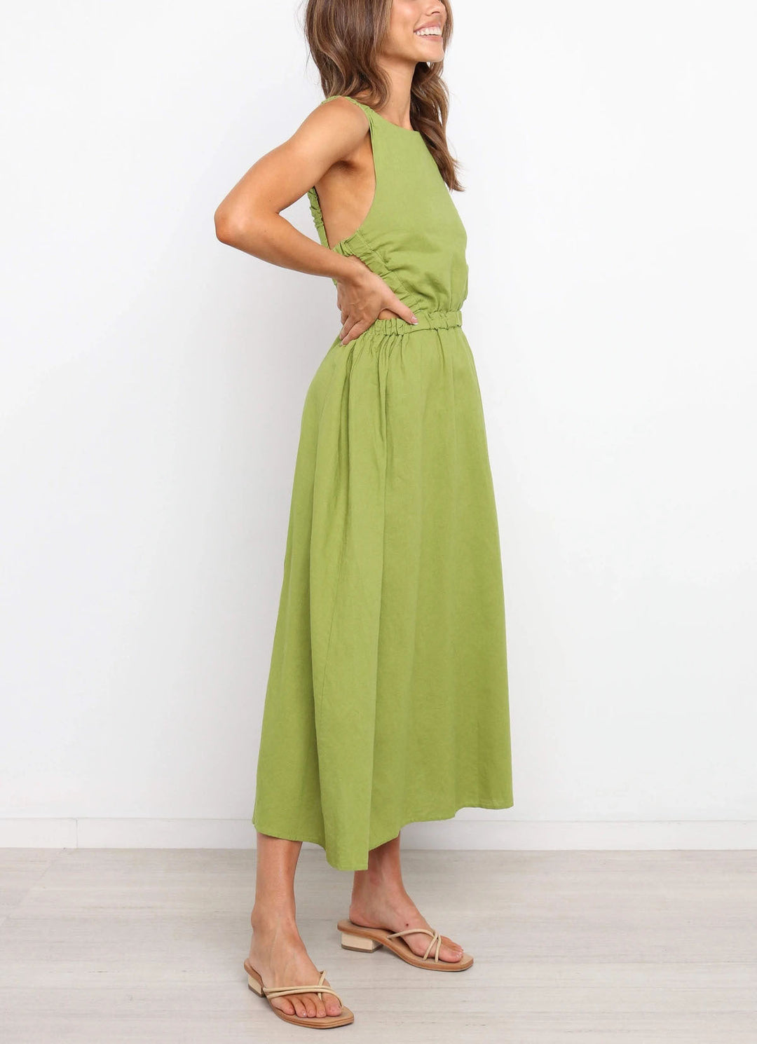 Vestido midi mujer con aberturas laterales algodón lino - Camila