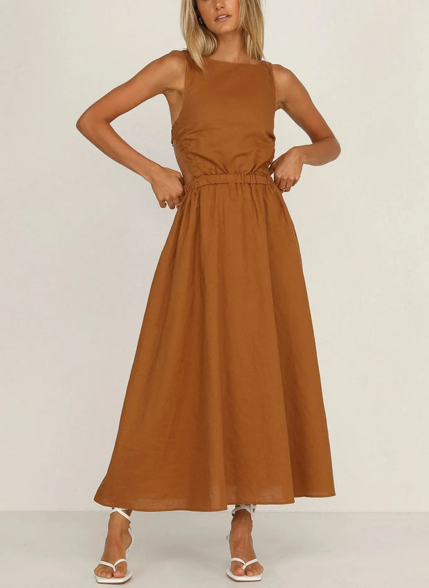Vestido midi mujer con aberturas laterales algodón lino - Camila