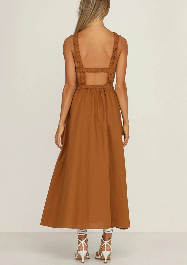 Vestido midi mujer con aberturas laterales algodón lino - Camila