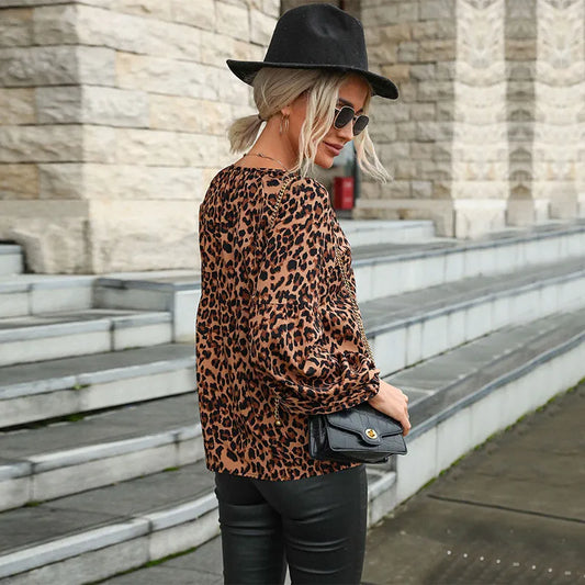 Blusa de mujer retro con estampado leopardo y manga larga - Lina