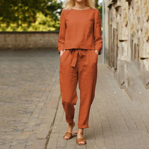 Valentina - Elegante conjunto de blusa y pantalón de algodón y lino