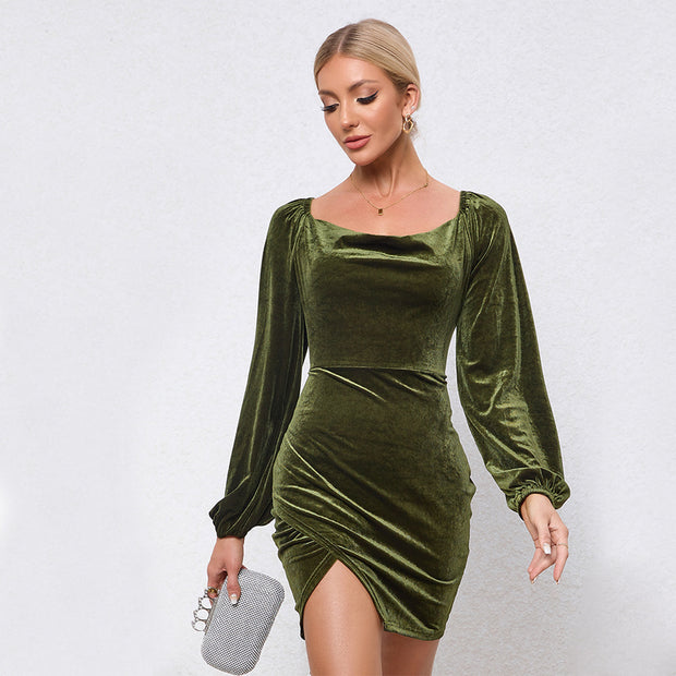 Vestido color verde en efecto terciopelo - Nauwe