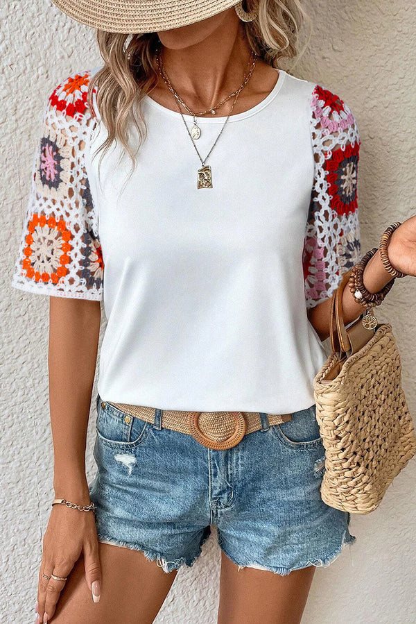 Hanna - Top de ganchillo con mangas cortas y estampado floral