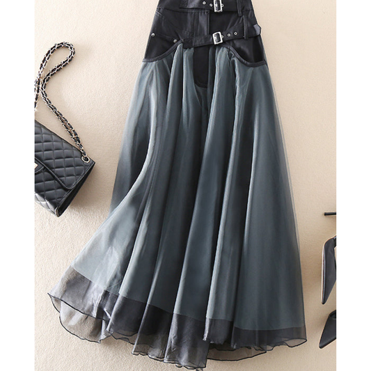Falda midi de mujer con cintura alta y look a capas - con cinturón