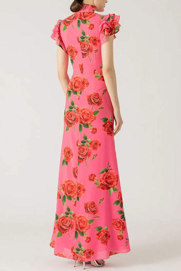Elena - Vestido Largo con Mangas Acampanadas y Estampado Floral de Rosas