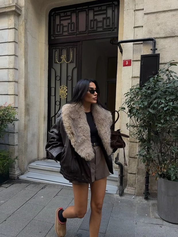 Chaqueta mujer efecto piel cuello amplio de pelo - Nymera