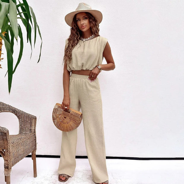 Conjunto para mujer de algodón arrugado con estilo casual relajado - Amalia