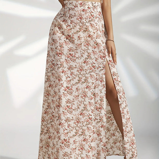 Falda larga para mujer de estampado floral con abertura lateral - Natalia