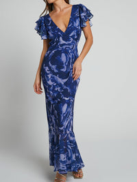 Sarah - Vestido maxi de chiffón estampado con escote en V