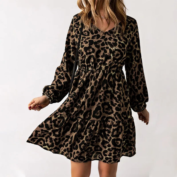 Enna - Vestido de manga larga con estampado de leopardo para mujer