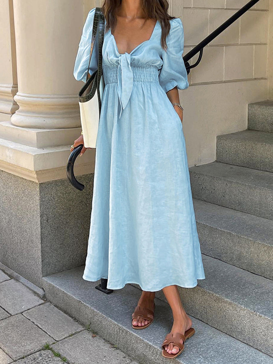 Jacqueline - Vestido Midi con Lazo Delantero de Lino y Algodón