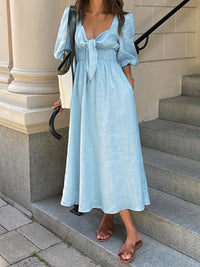 Jacqueline - Vestido Midi con Lazo Delantero de Lino y Algodón