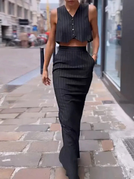 Gilda - Conjunto de falda y pantalón a rayas con botones