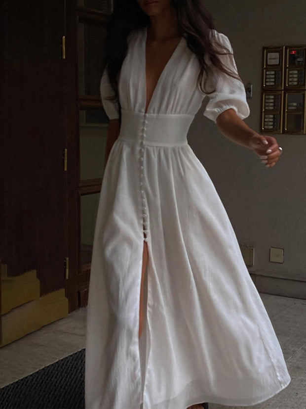 Elsie - Vestido largo con botones y escote francés