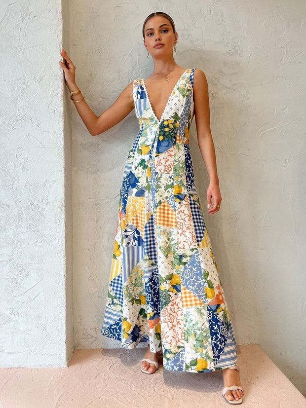 Holly - Vestido largo de encaje con estampado de limonada