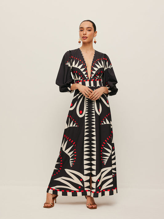 Dinah - Vestido con escote en V y estampado boho