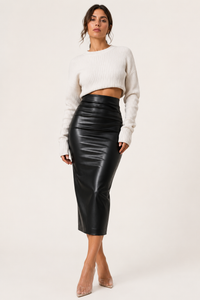 Falda midi mujer PU cintura alta con fruncido - Siglinde
