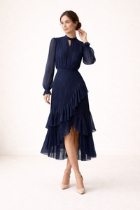 Vestido midi plisado para mujer manga larga corte femenino - Anika