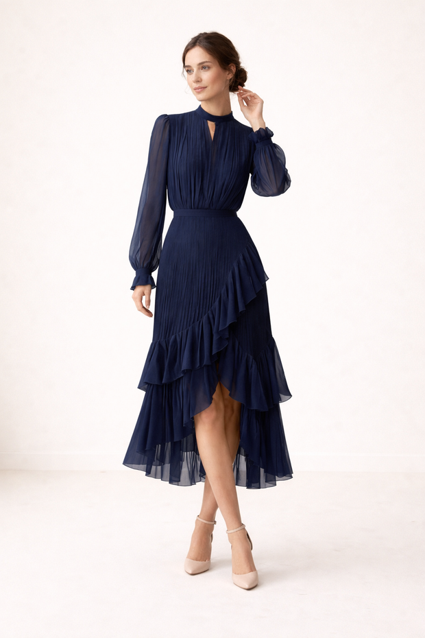 Vestido midi plisado para mujer manga larga corte femenino - Anika