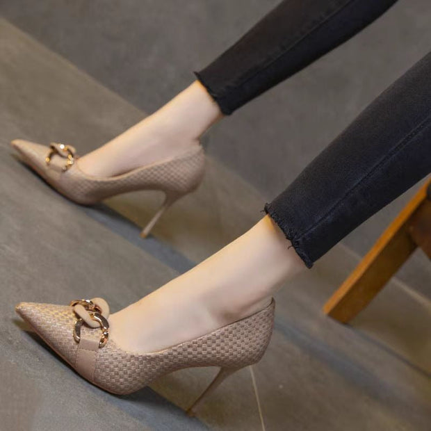 Zapatos de tacón para mujer de textura tejida adorno metálico elegante - Mireille