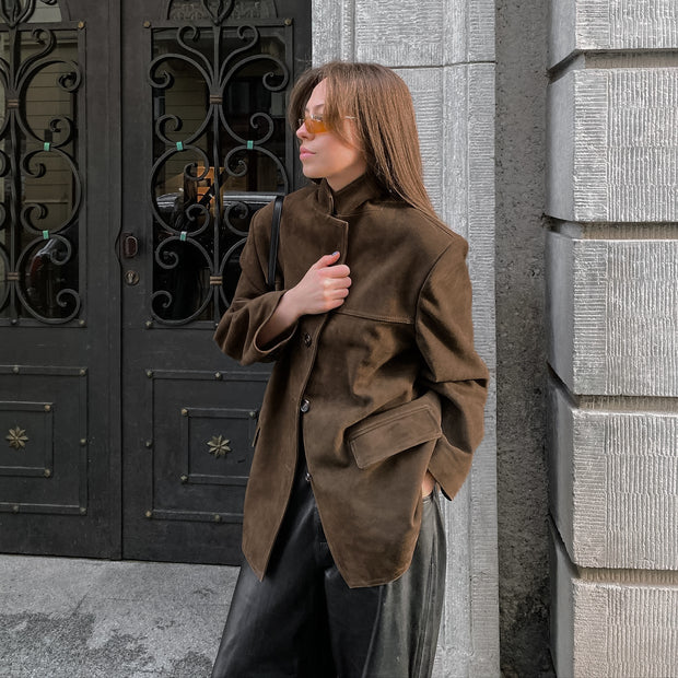 Chaqueta holgada de ante con solapas retro de terciopelo - Loise