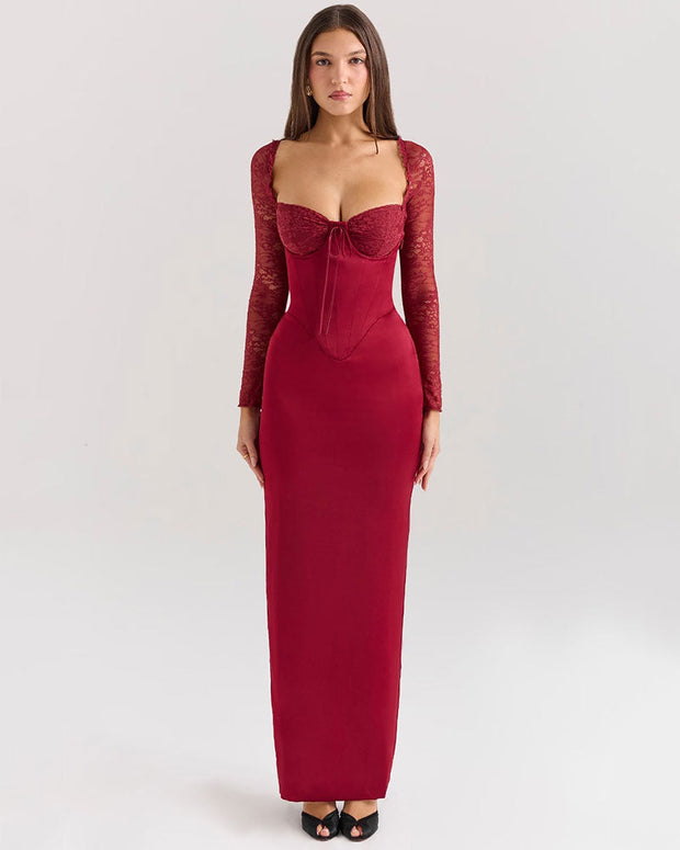 Florence - Vestido largo de manga larga en rojo vino con encaje