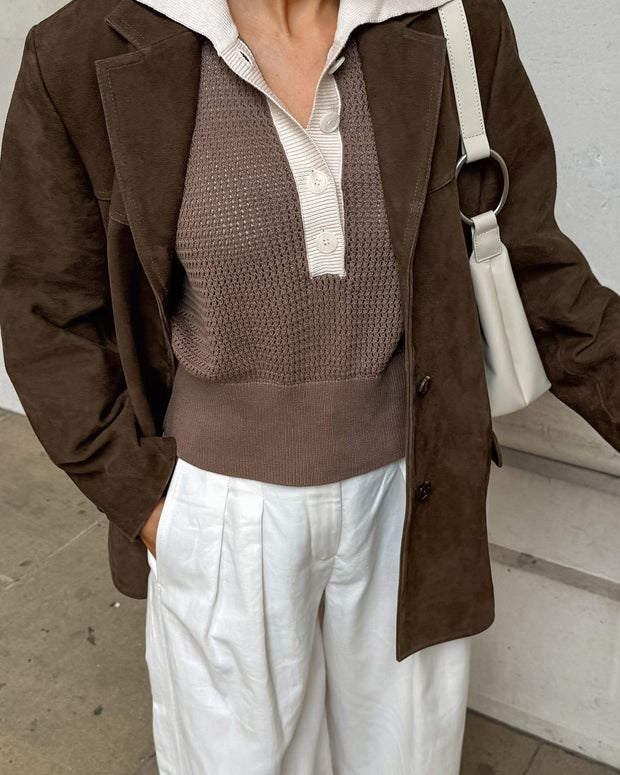 Chaqueta holgada de ante con solapas retro de terciopelo - Loise