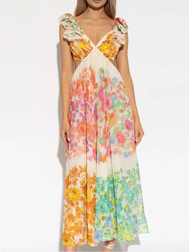 Vestido bohemio largo para mujer con estampado multicolor - Rhoswen