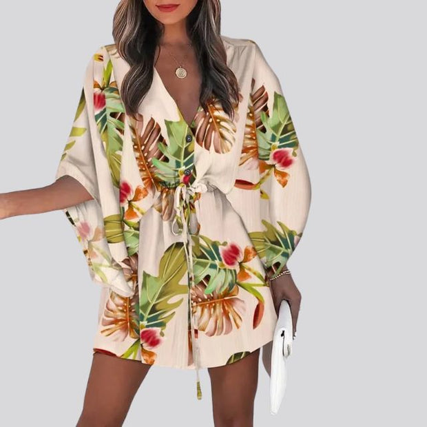 Giselle - Vestido camisero boho con cuello en V y estampado floral