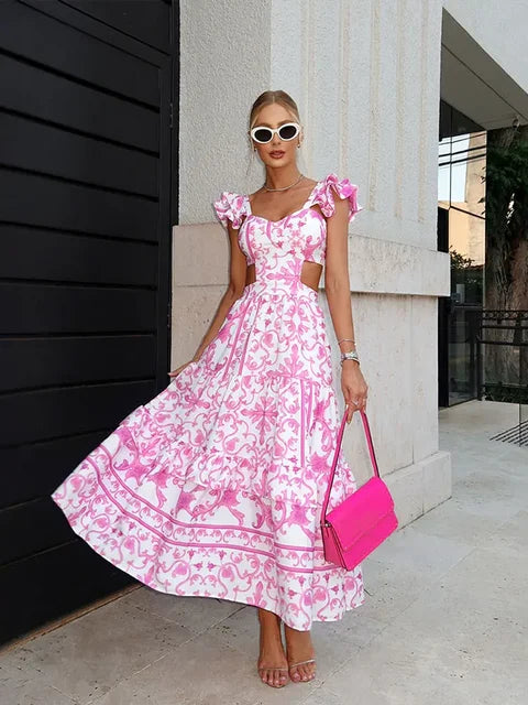 Sally - Vestido largo color rosa con estampado floral