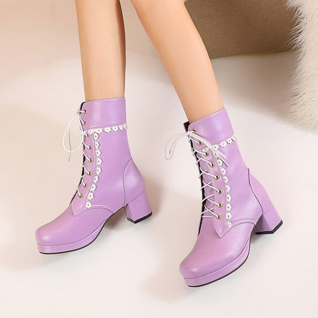 Botines de cordones con encaje decorativo - Celeste