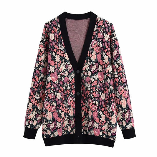 Cárdigan de punto floral para mujer con botones - Emilia