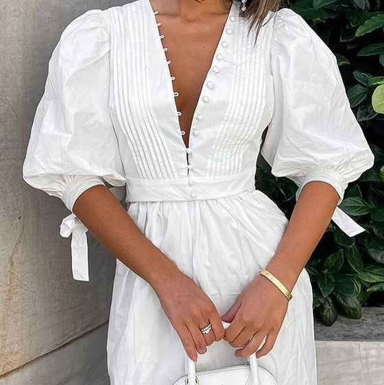 Vestido corto para mujer botones decorativos estilo evasé - Mirella
