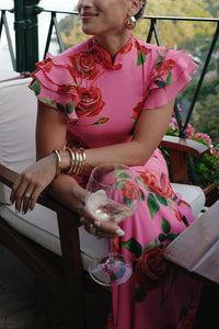 Elena - Vestido Largo con Mangas Acampanadas y Estampado Floral de Rosas