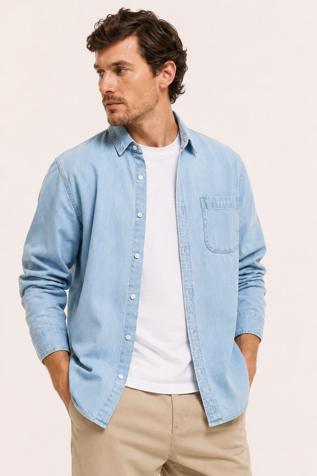 Camisa denim hombre manga larga con bolsillo - Joren
