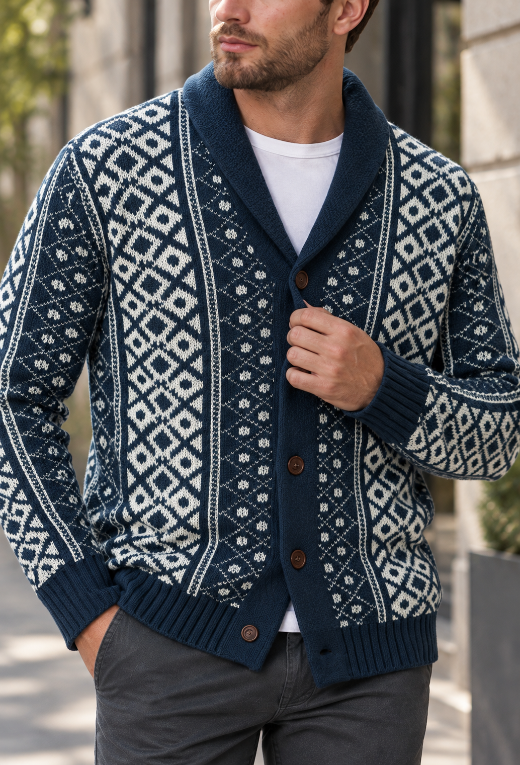 Cárdigan punto jacquard geométrico cuello chal botonadura frontal - Dariel