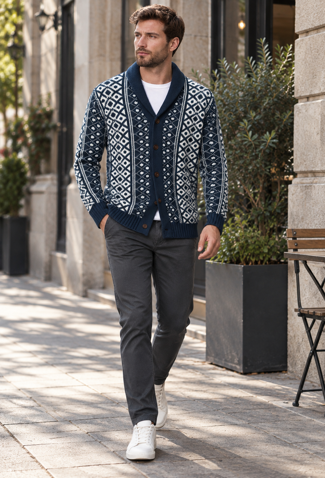Cárdigan punto jacquard geométrico cuello chal botonadura frontal - Dariel