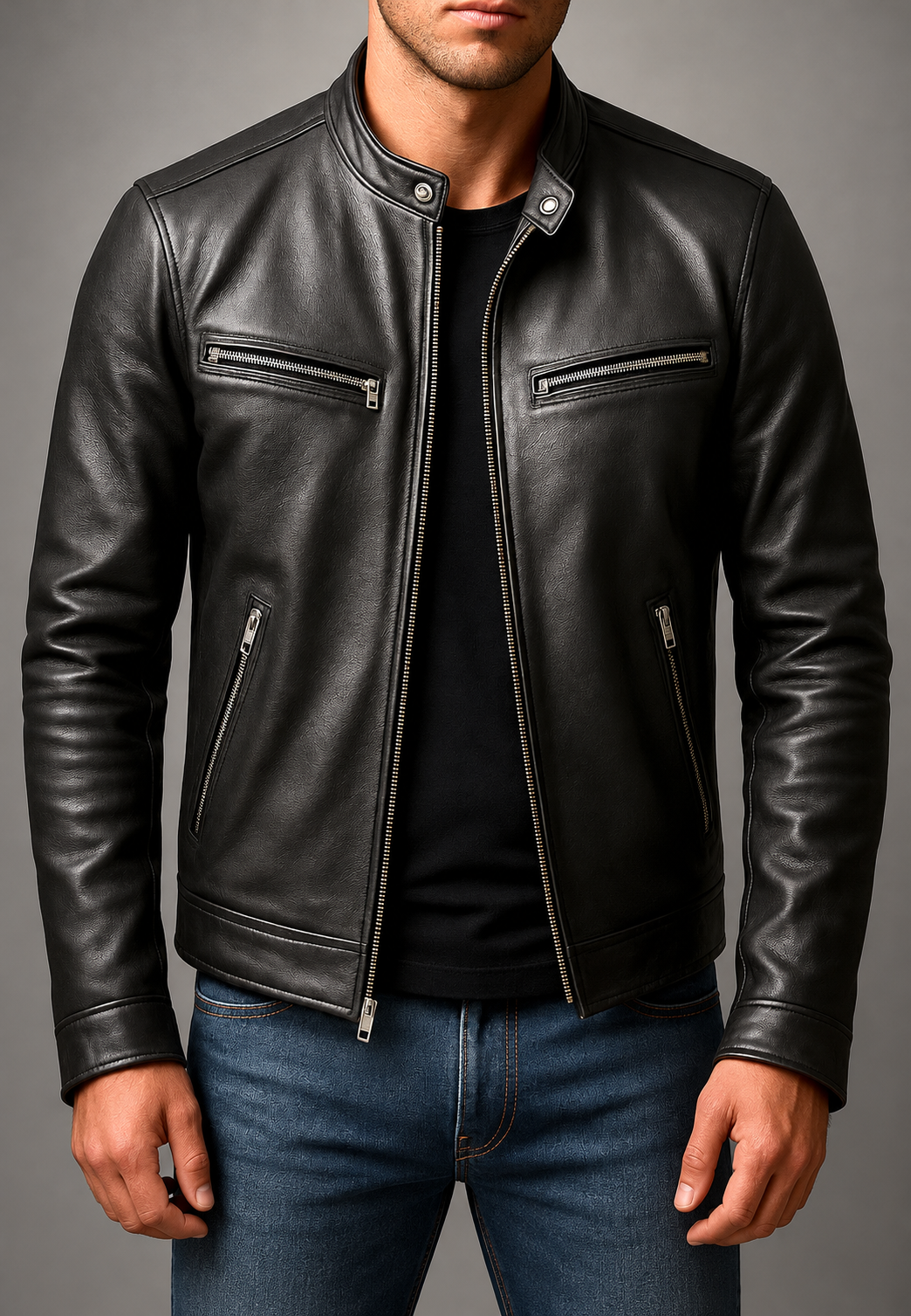 Cazadora biker hombre efecto piel cuello mao cuatro bolsillos cremallera - Kaelor
