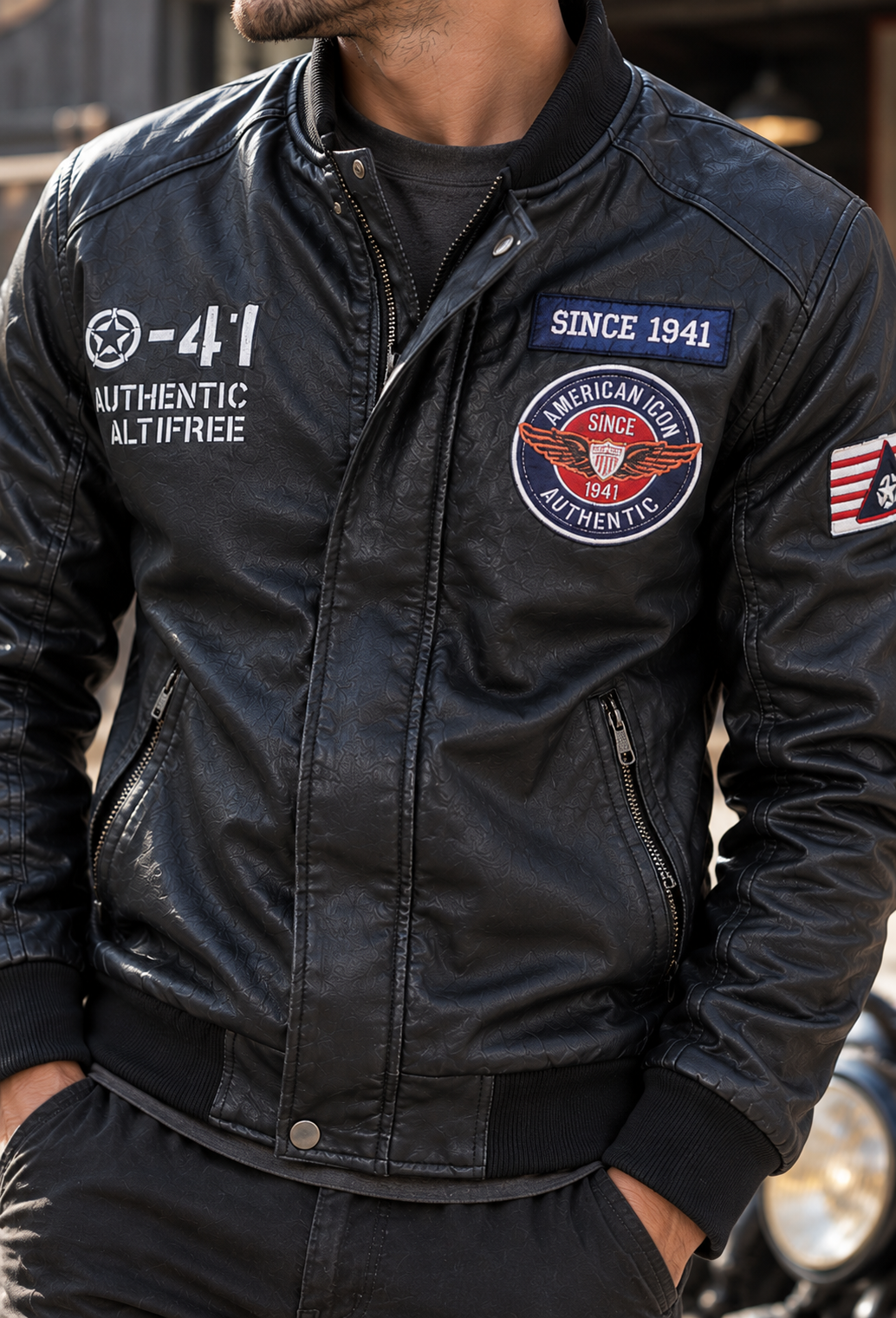 Cazadora bomber hombre efecto piel cuello mao parches bordados - Darian