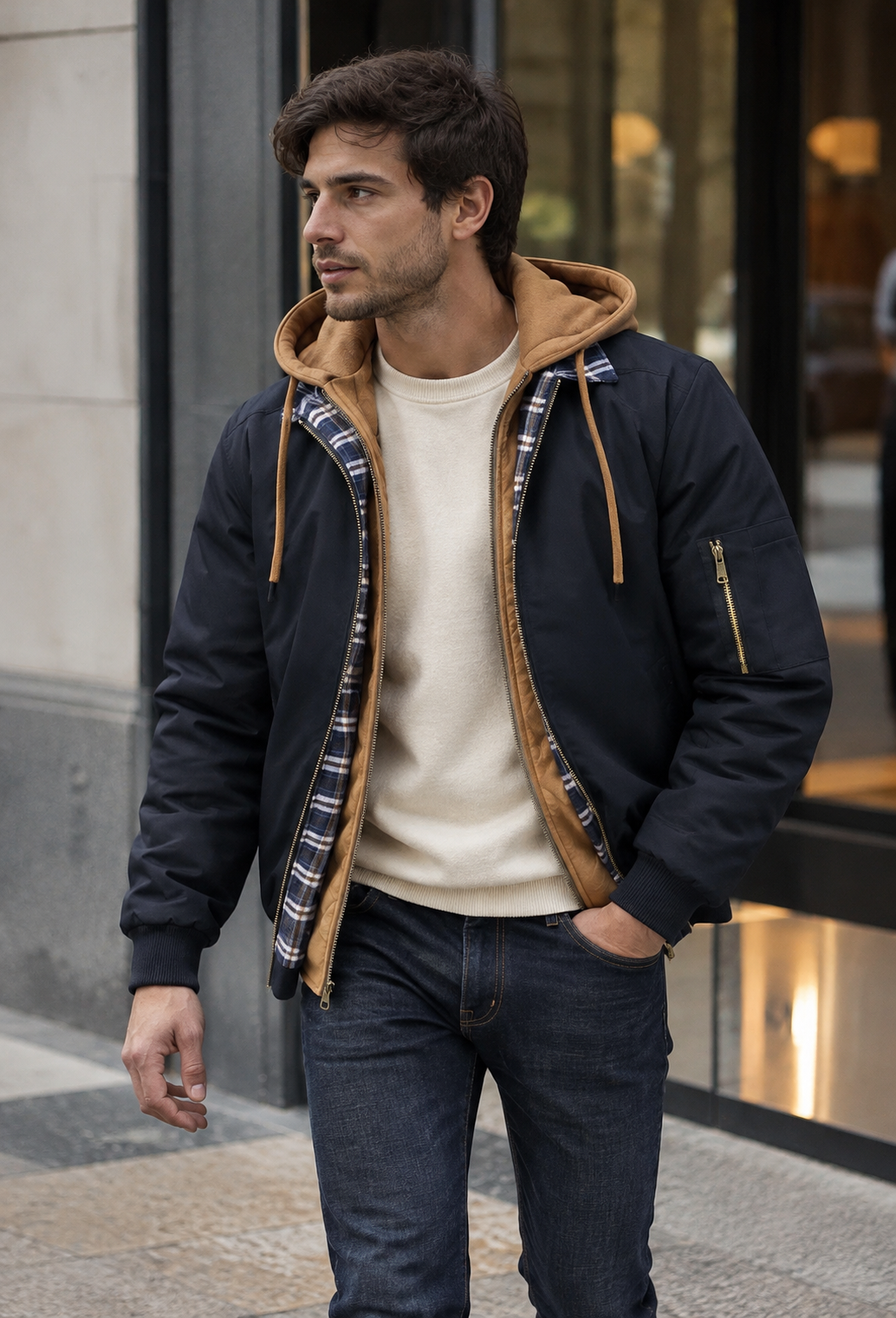 Cazadora bomber masculina acolchada estilo urbano capucha superpuesta - Damián
